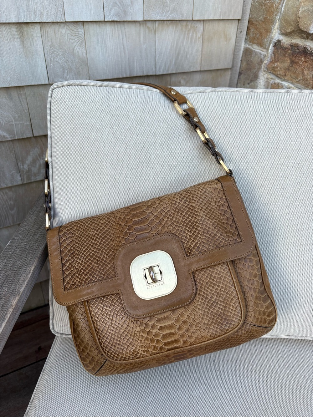 Longchamp Tan Embossed Leather Shoulder Bag with Chain Strap